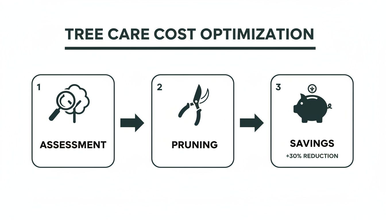 Infographic showing a three-step process for tree care cost optimization: assessment, pruning, and 30% savings.