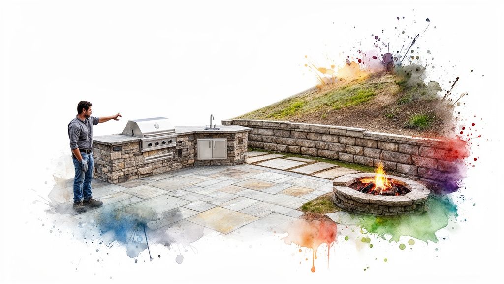 A man points to an outdoor kitchen with a grill, sink, patio, <a href=