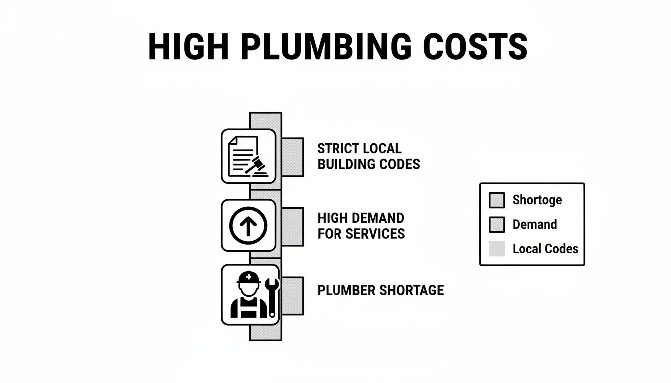 Infographic illustrating factors contributing to high plumbing costs: strict codes, high demand, and plumber shortage.
