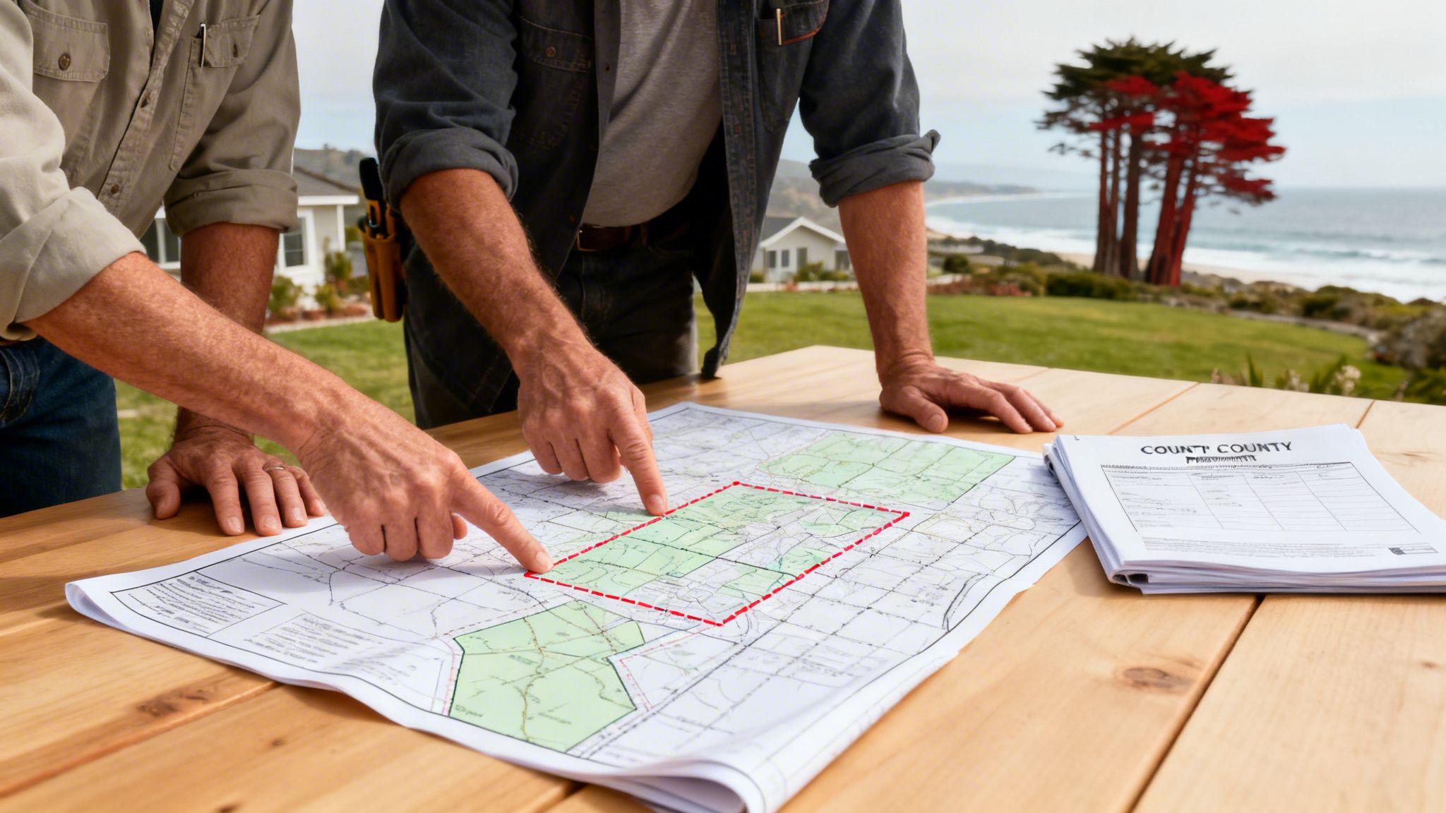 Two men discussing a land map on a wooden table outdoors, with a coastal view.