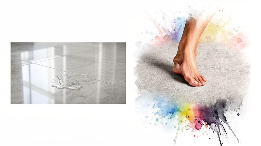 Wet, reflective tile floor with a puddle next to a bare foot on textured tile, emphasizing tile safety.