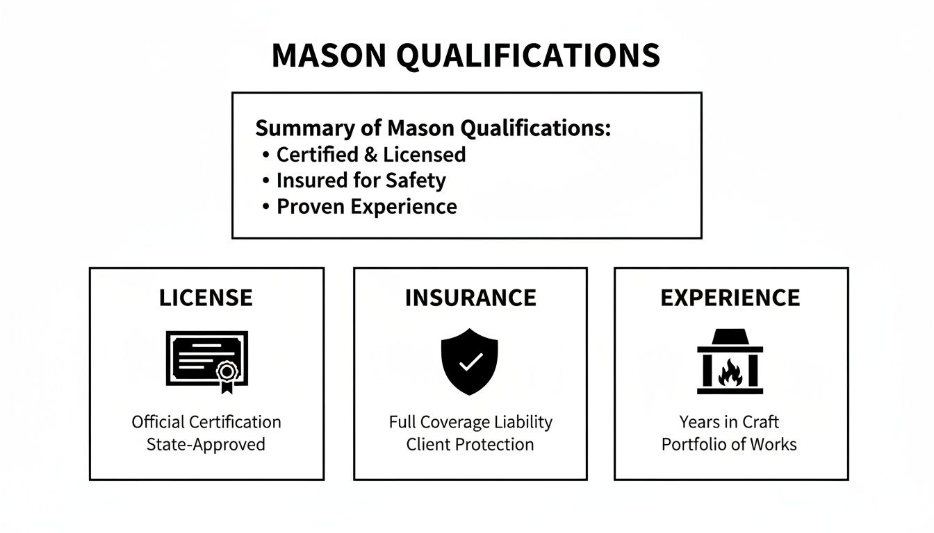 An infographic detailing mason qualifications, including official certification, full liability insurance, and years of proven experience.