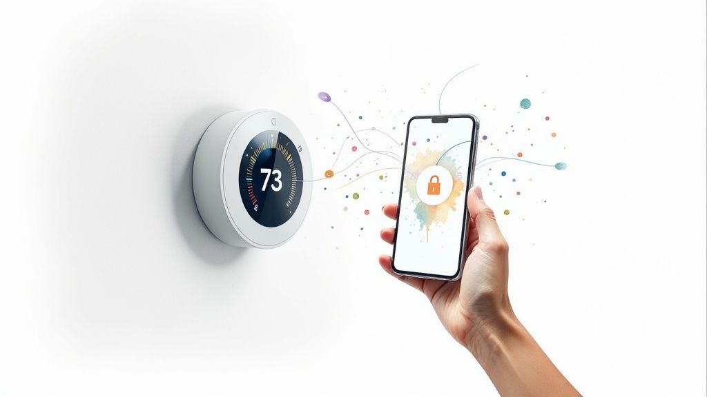 A white smart thermostat on a wall displays 73 degrees, wirelessly connected to a smartphone with a lock icon, held by a hand.