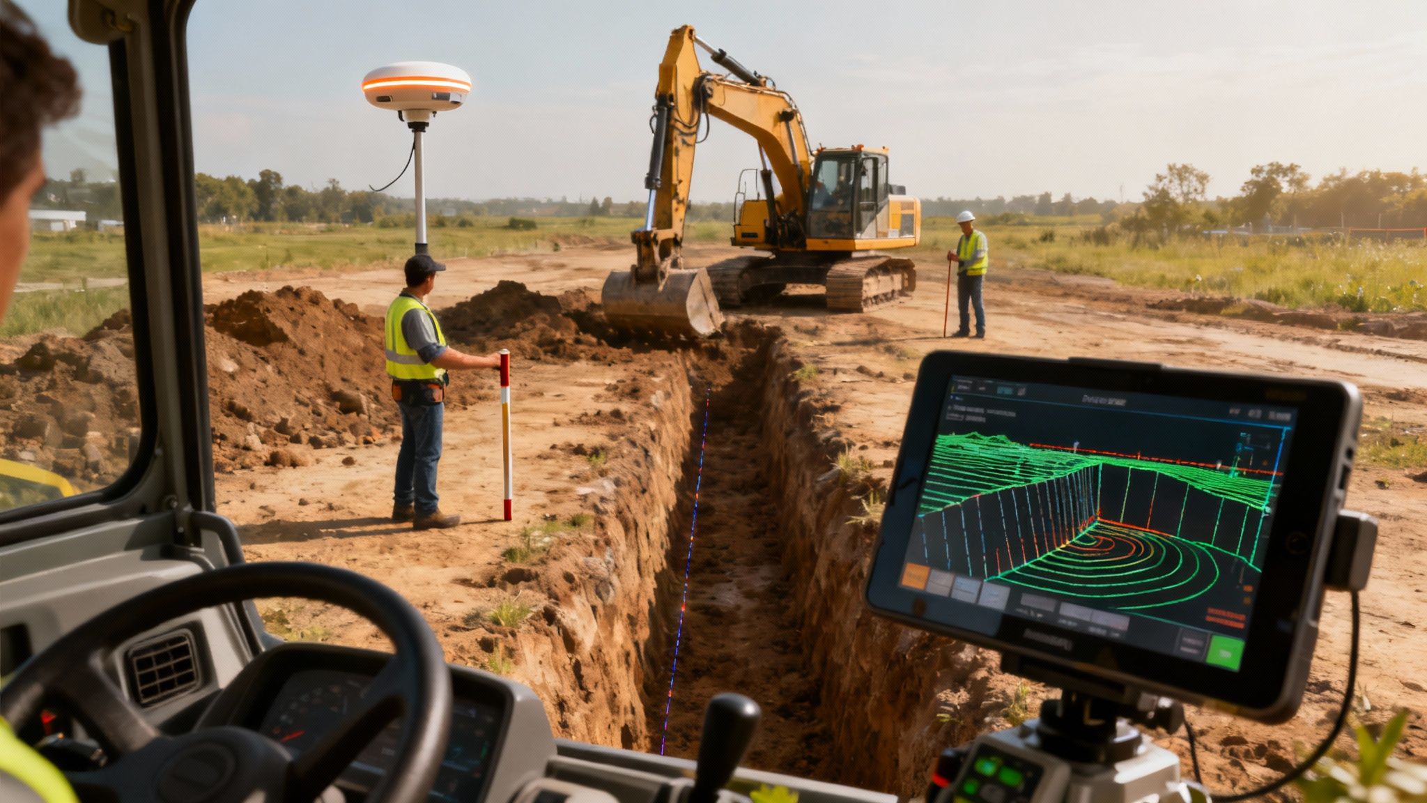 An excavator bucket guided by a GPS system, showing a digital display in the cab.