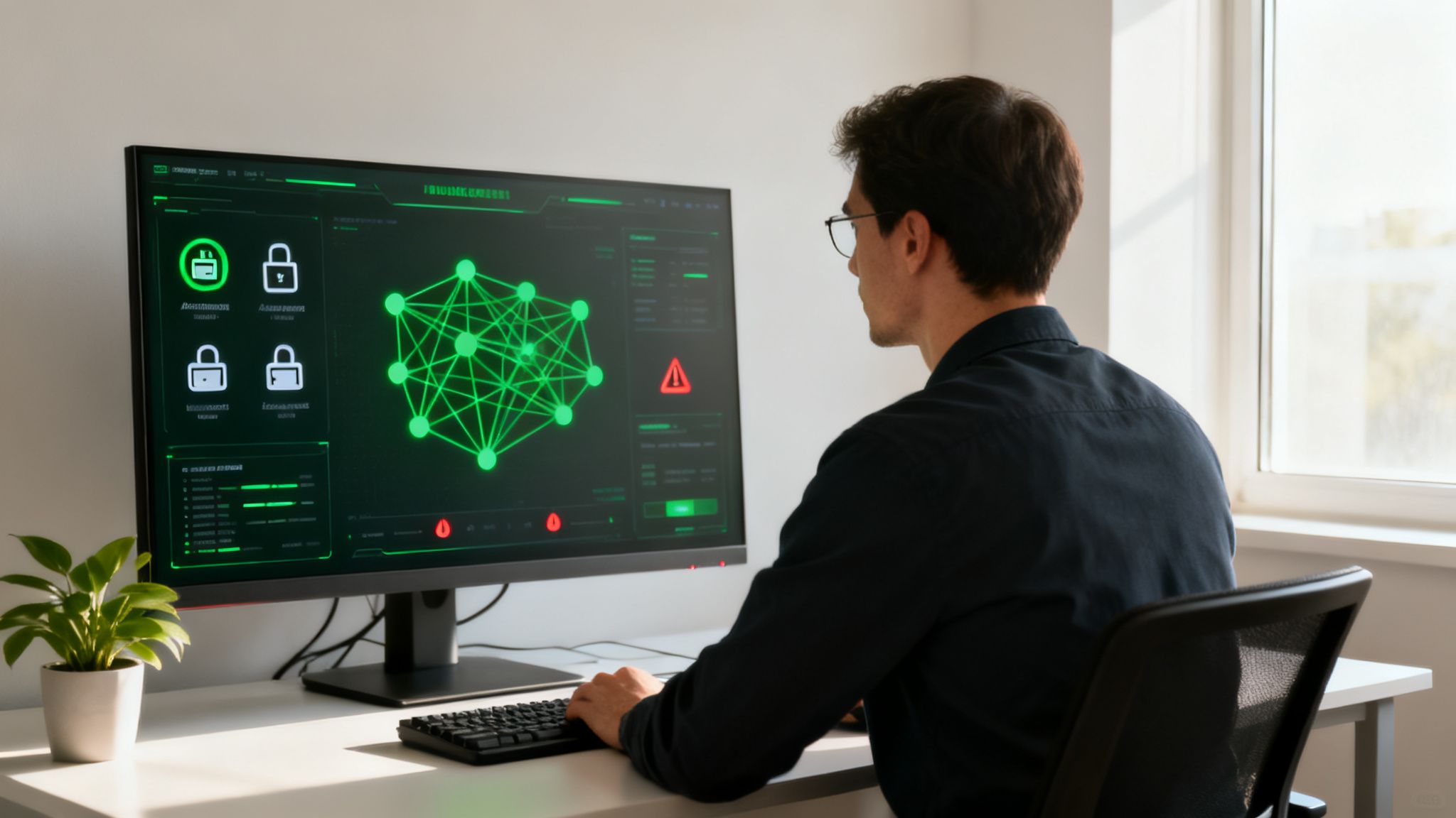 A man in glasses works on a computer with a green cybersecurity interface showing network nodes.