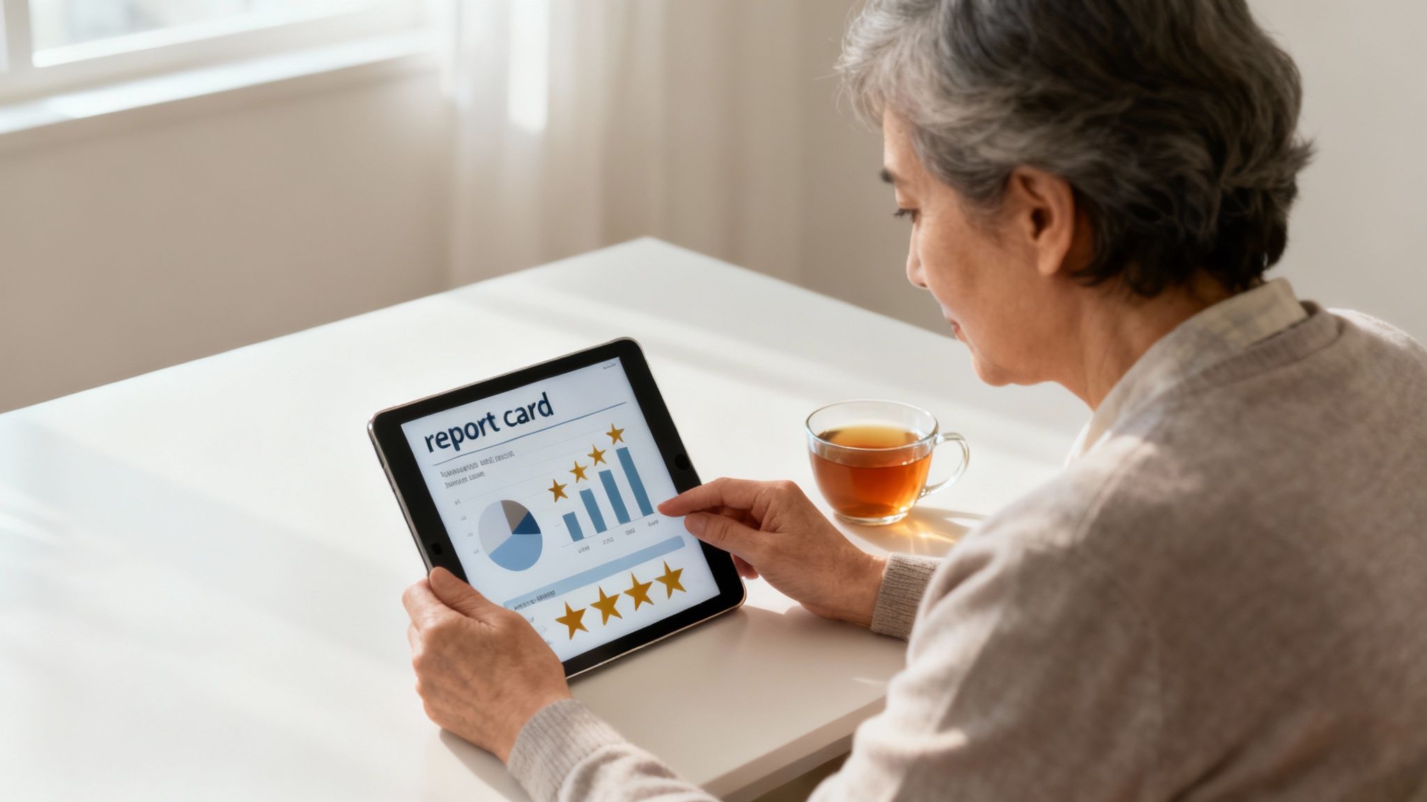 A compassionate healthcare professional reviews a chart with a patient's family member at a kitchen table.