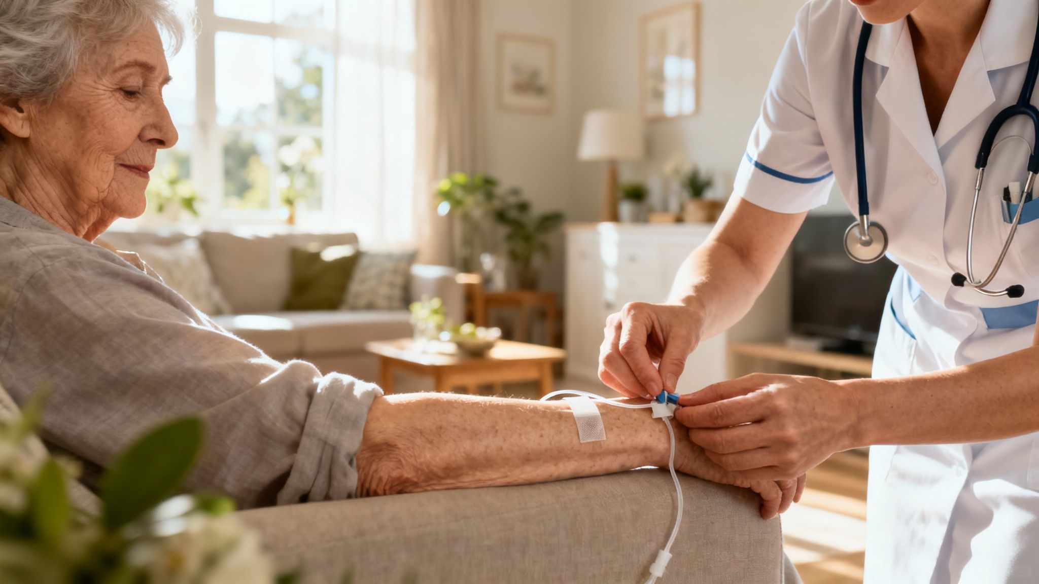 A Registered Nurse carefully checks a patient's vitals in their home.