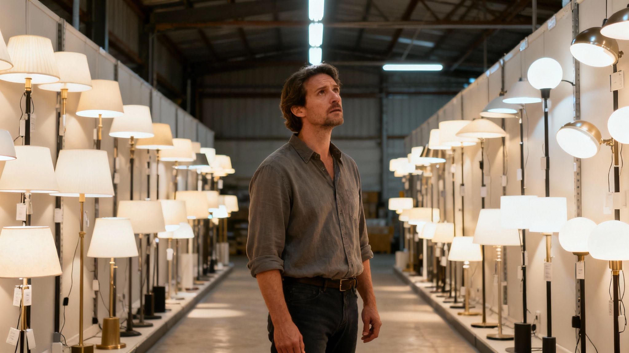 Rows of modern light fixtures hanging in a showroom, illustrating a traditional retail space.