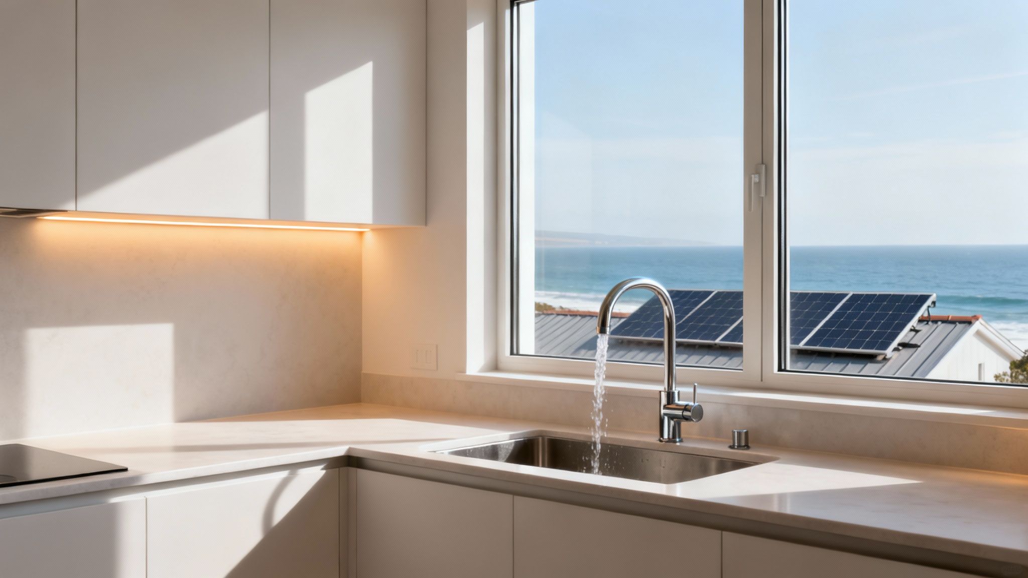 A modern kitchen with a sink and a view of the ocean and solar panels.