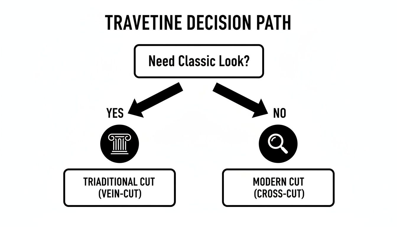 A decision path flowchart for travertine, guiding the choice between traditional and modern cuts.