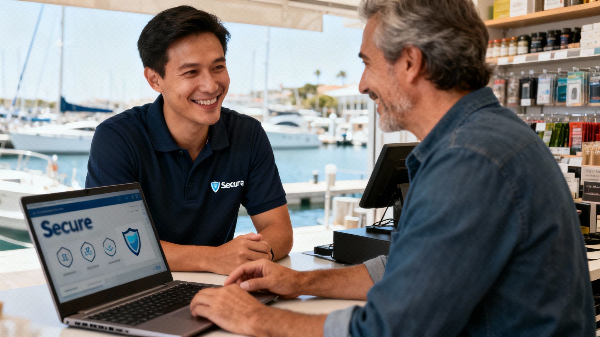 An employee shows a customer secure digital solutions on a laptop in a marina-side shop.