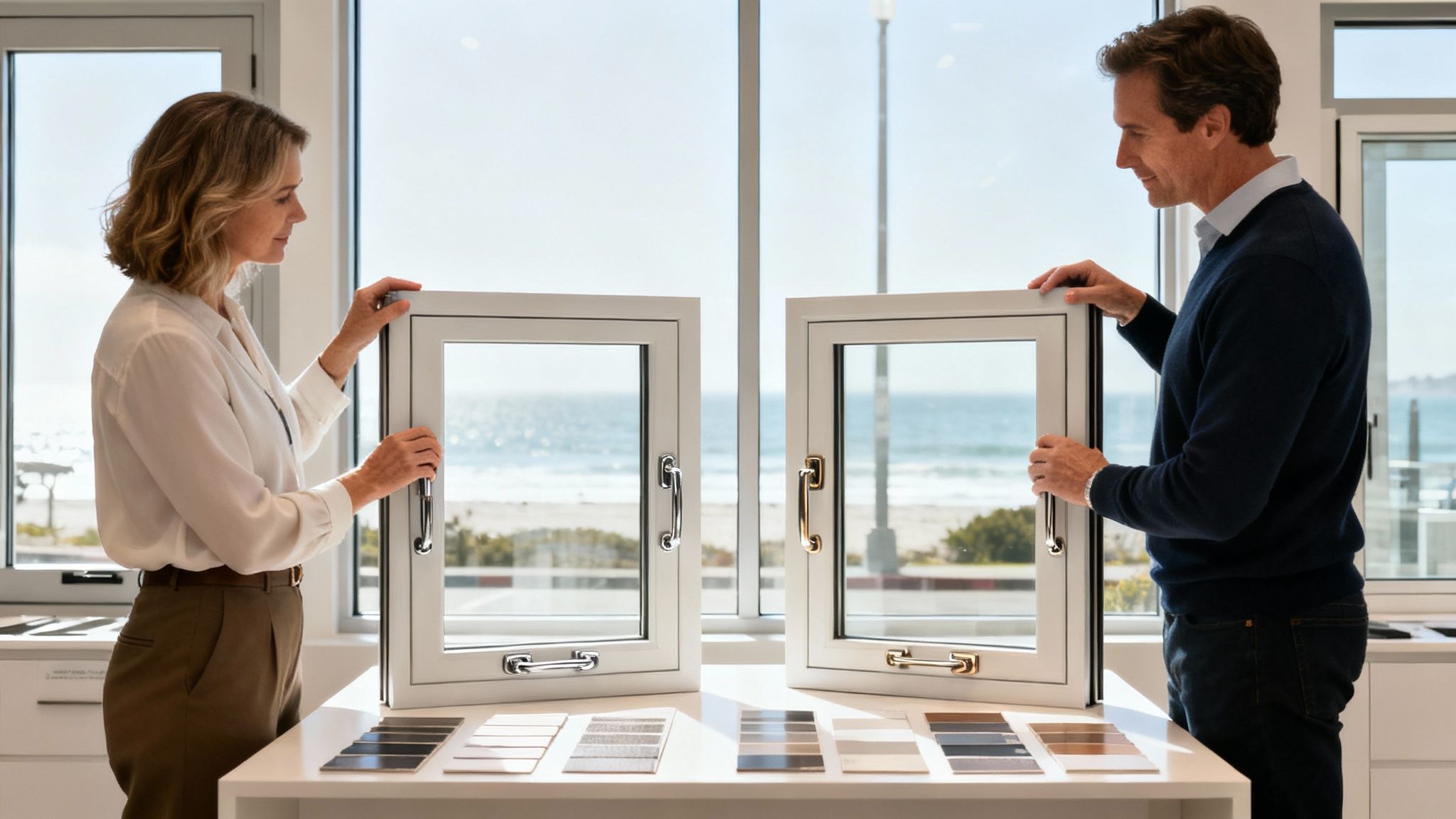A couple examines modern window samples and material options in a bright showroom overlooking the ocean.