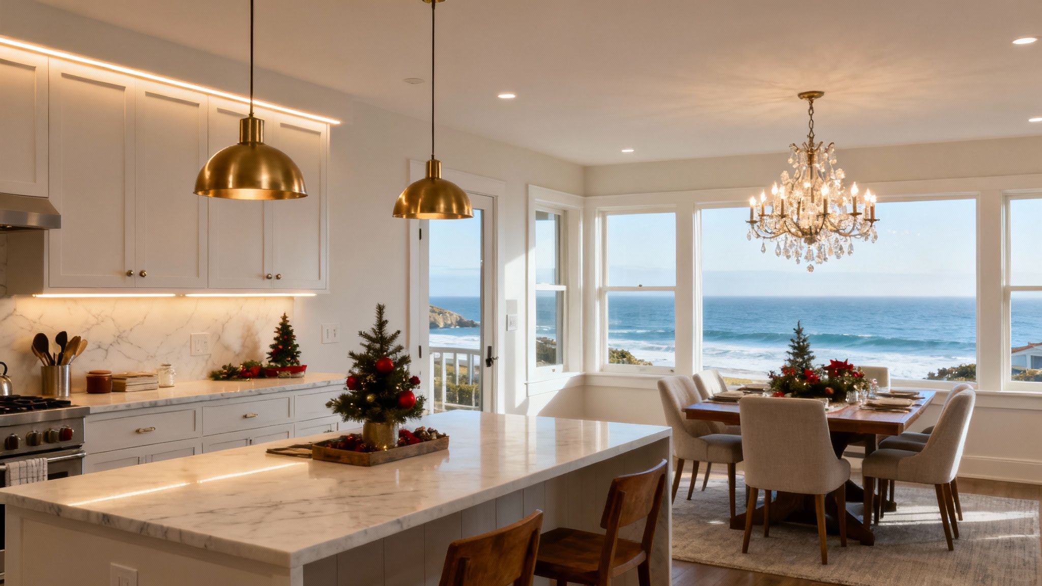 A modern coastal kitchen with pendant lights over the island and under-cabinet lighting.