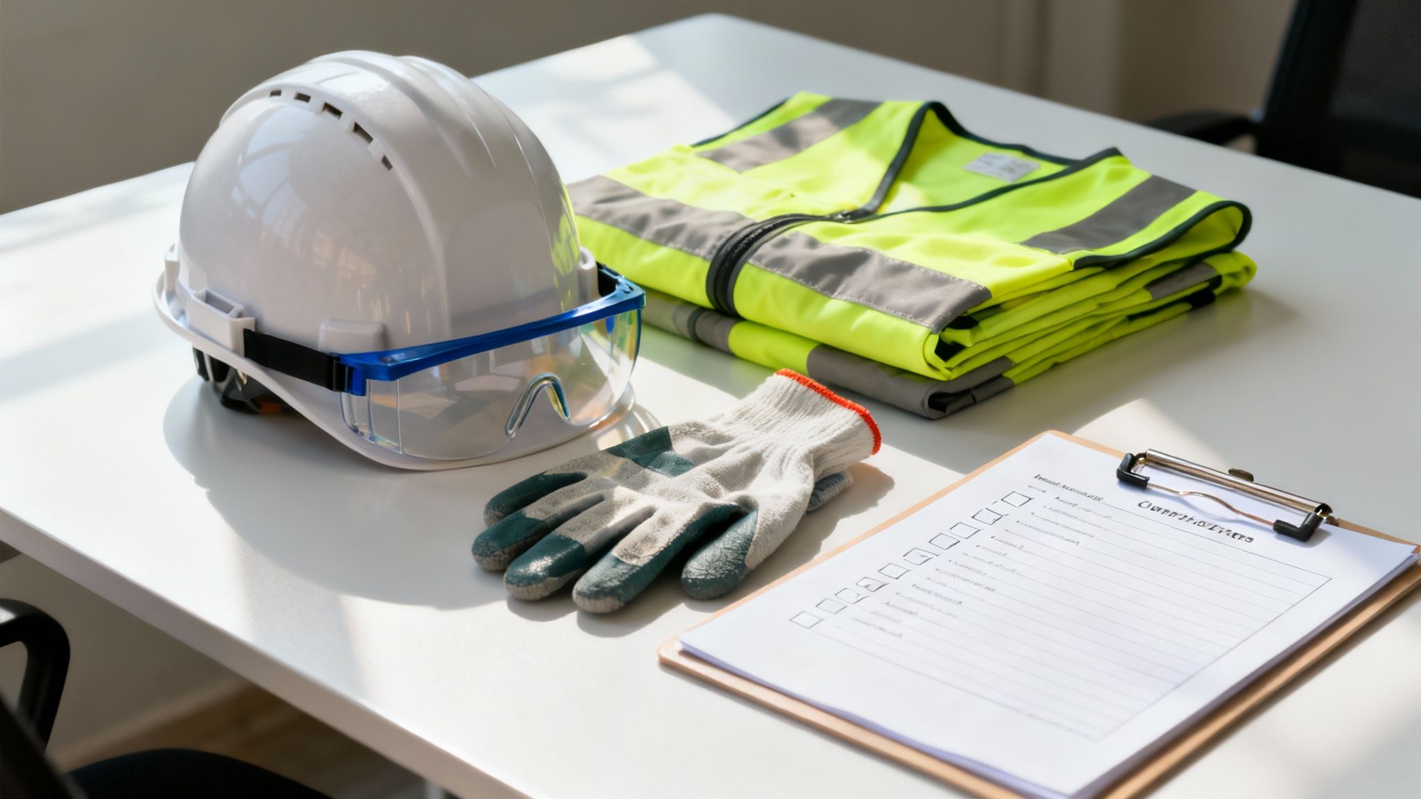 Construction safety gear including a hard hat, safety glasses, gloves, reflective vest, and a checklist.