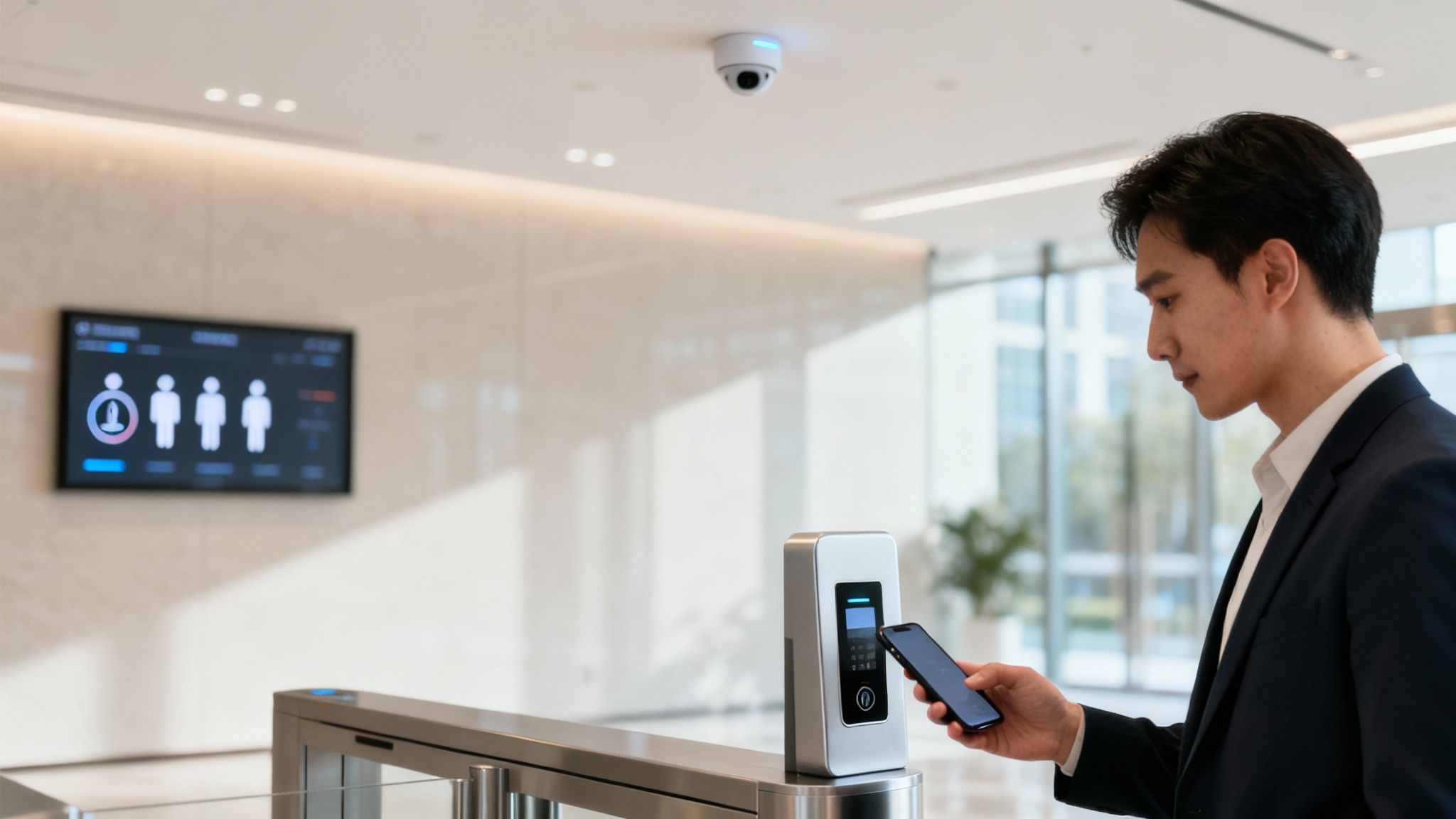A tenant using a smartphone app for keyless entry into their luxury rental home.