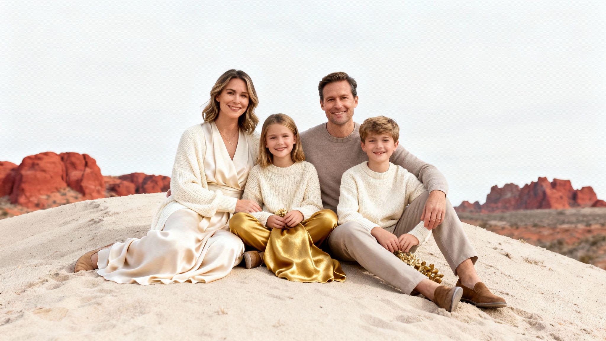 Happy family of four wearing coordinated neutral and gold outfits posing in desert landscape