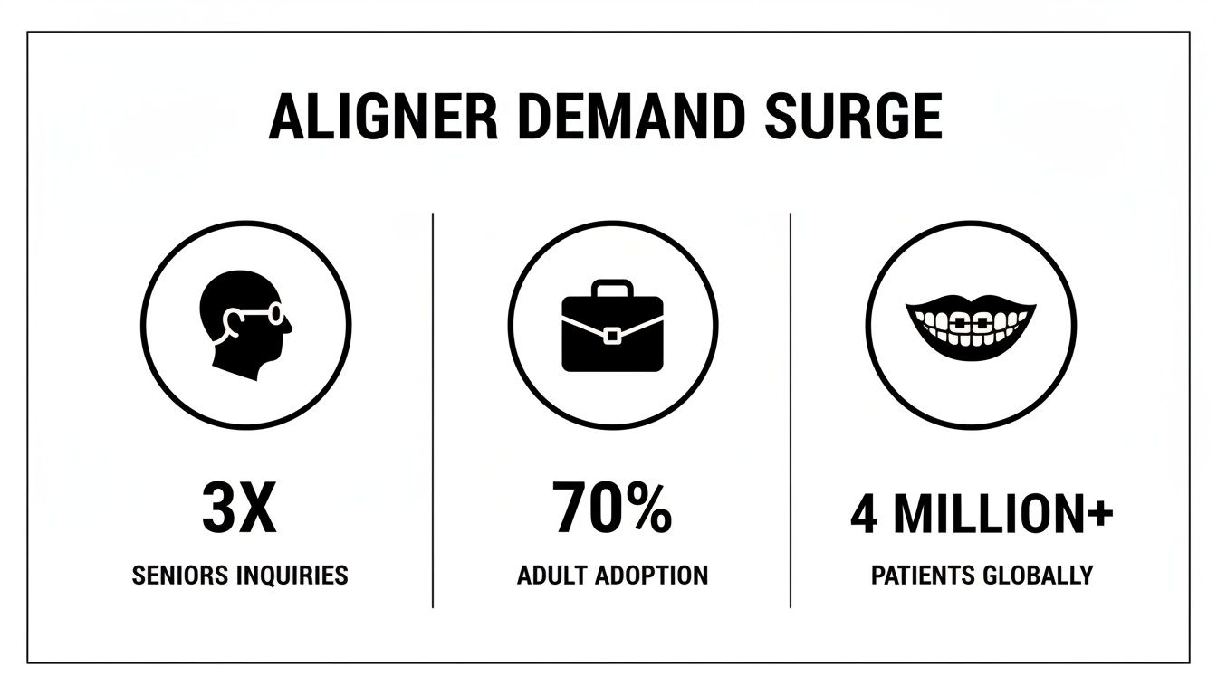 Infographic showing aligner demand surge with 3X senior inquiries, 70% adult adoption, and over 4 million global patients.