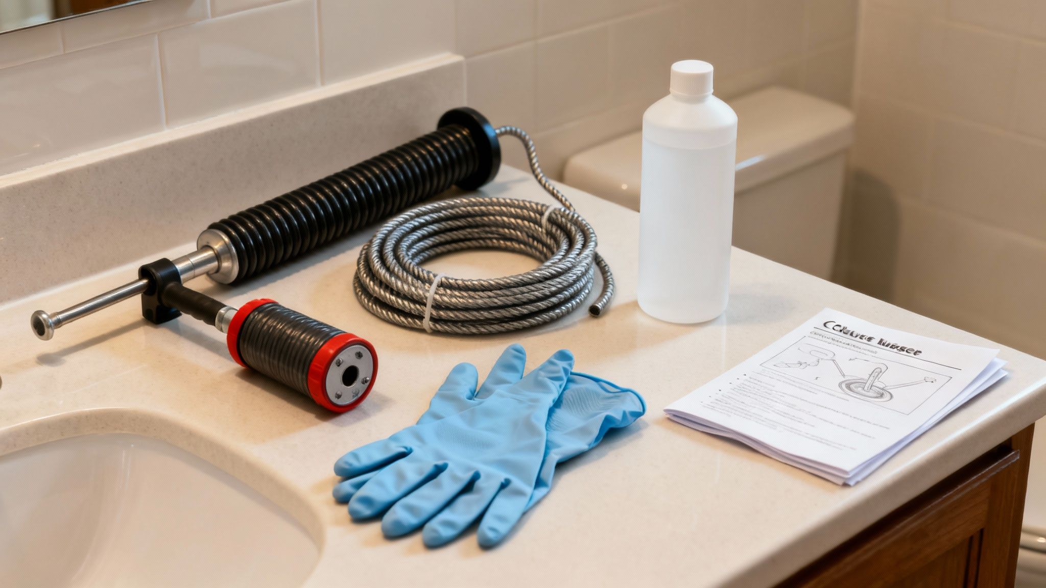 Drain cleaning tools including a snake, cable, gloves, and instructions on a bathroom counter.