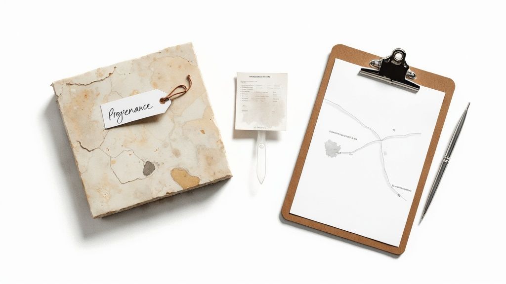 A close-up view of a natural stone slab with intricate veining and texture