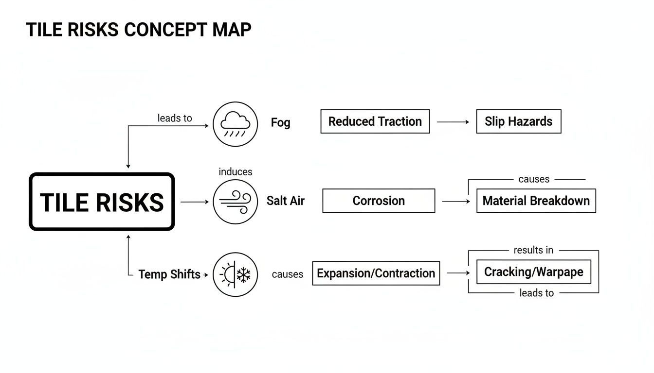 Concept map illustrating tile risks, including fog, salt air, and temperature shifts, and their resulting hazards.