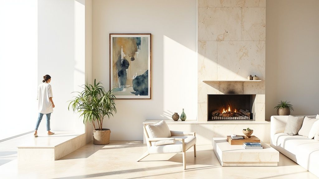 A modern, luxurious bathroom with light-colored natural stone walls and flooring, creating a sustainable and elegant atmosphere.