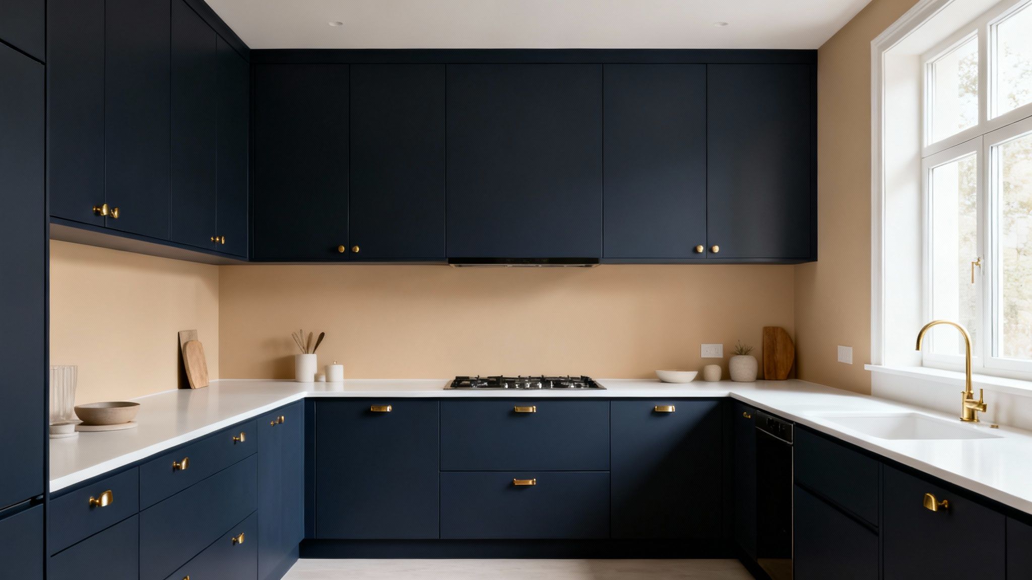 A modern kitchen featuring dark blue cabinets, white countertops, and a gold faucet.