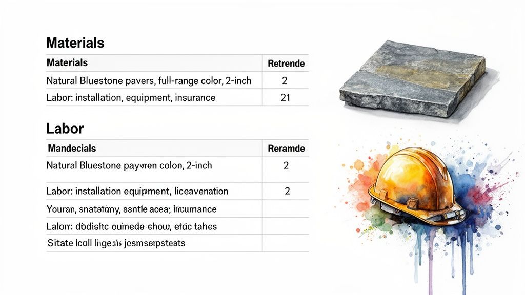 Tables detailing hardscaping materials and labor costs, accompanied by illustrations of a bluestone paver and a yellow hard hat.