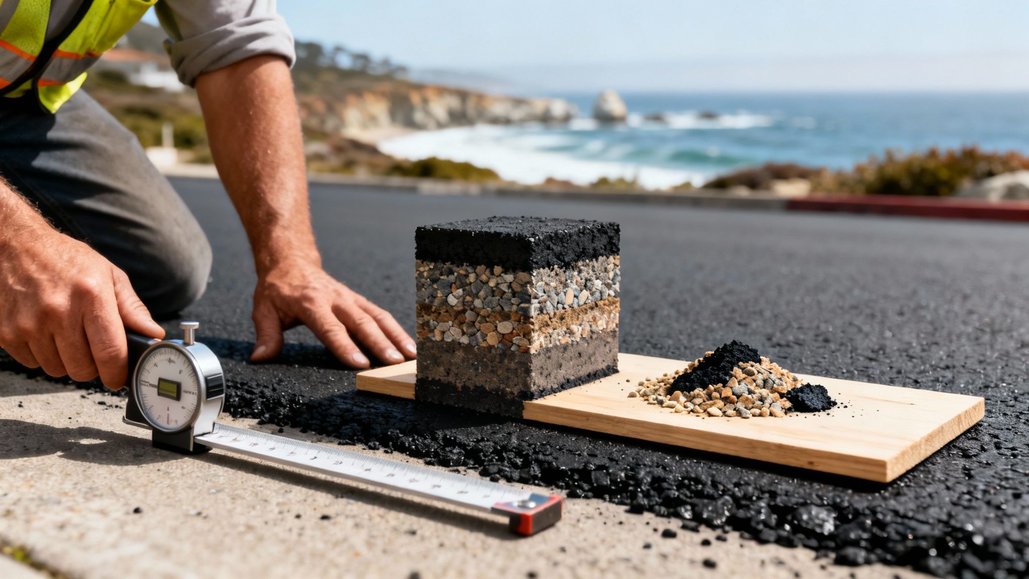 Engineer examining asphalt road layers, materials, and a measuring tool on a scenic coastal road.