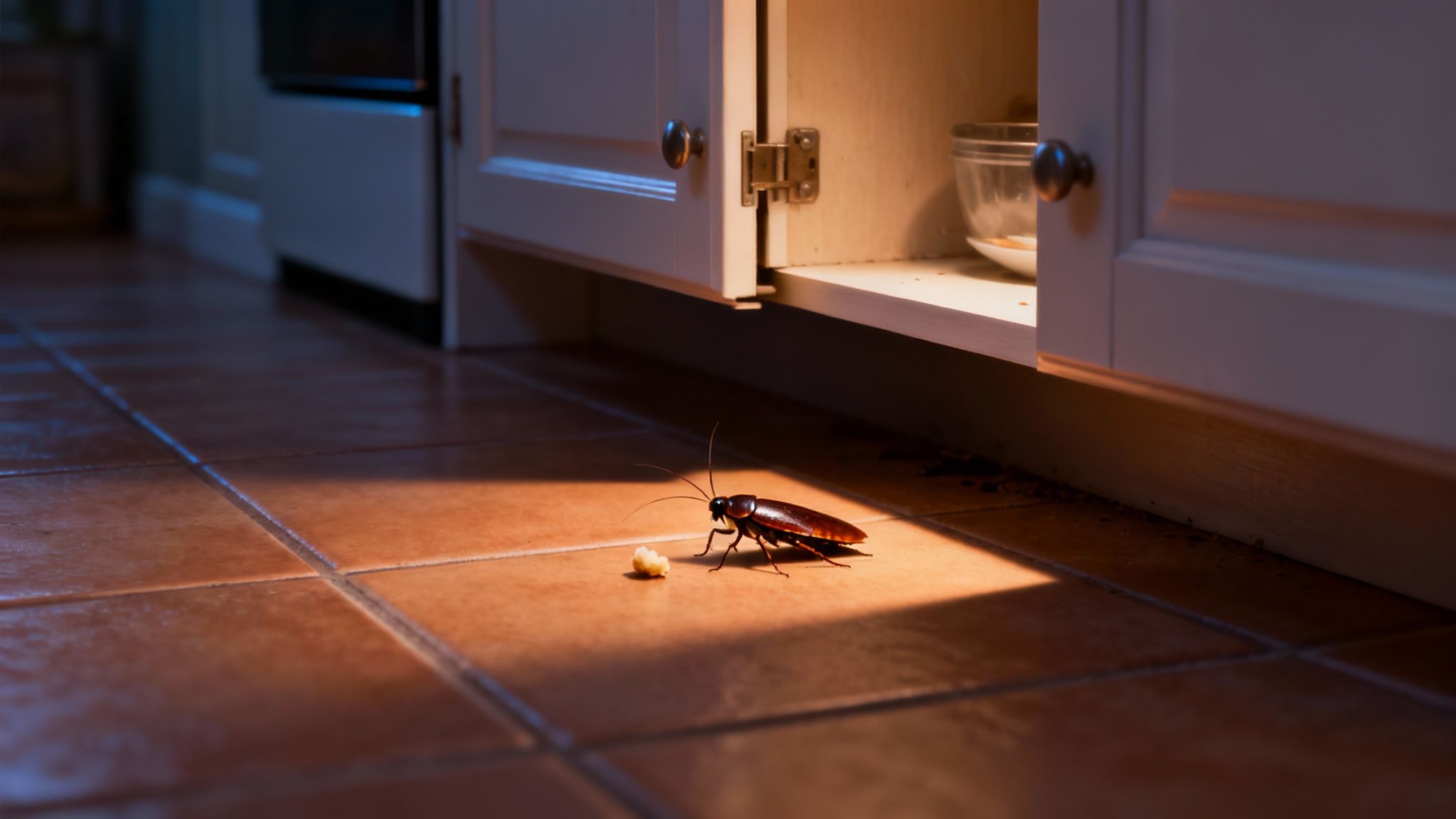 A large cockroach is illuminated by a beam of light on a tiled kitchen floor next to a piece of food, with an open cabinet in the background.
