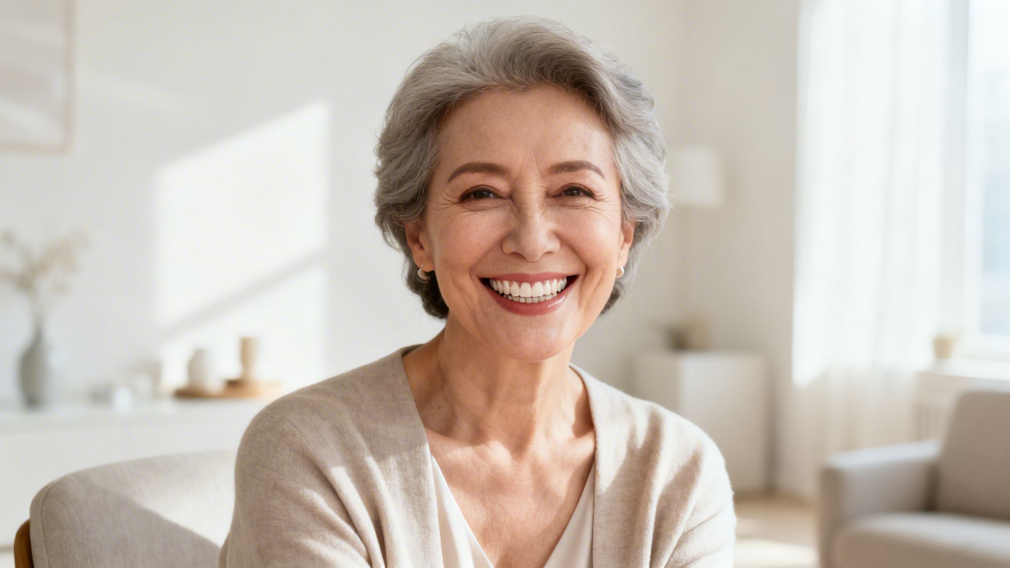 Close-up of a joyful senior woman with a bright smile and grey hair.