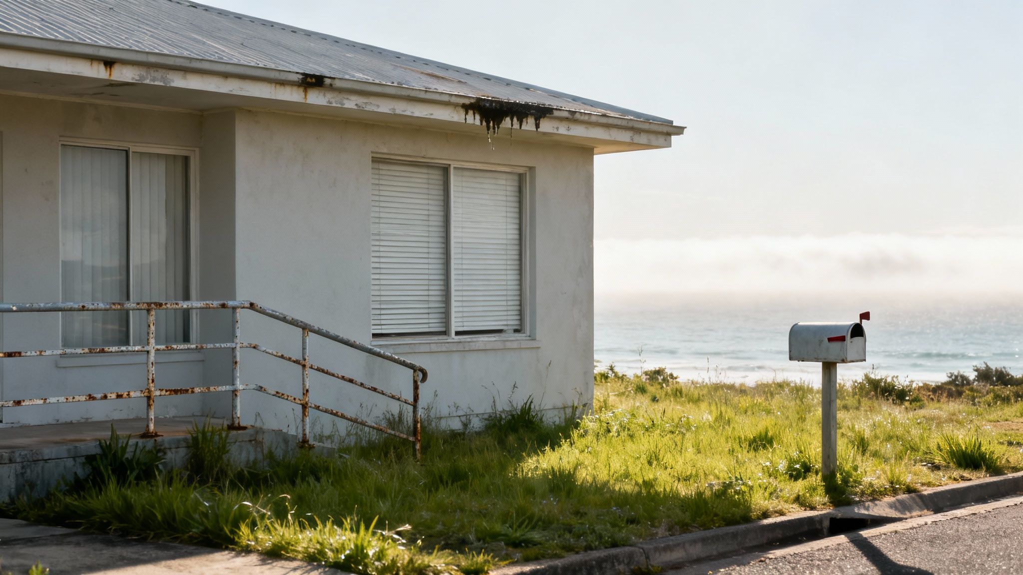 A weathered white coastal house with rusty railings and a mailbox overlooking a misty ocean.