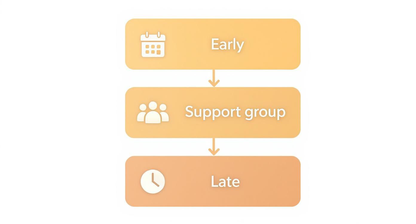 A vertical flowchart illustrating three stages of care: Early, Support group, and Late, with respective icons.