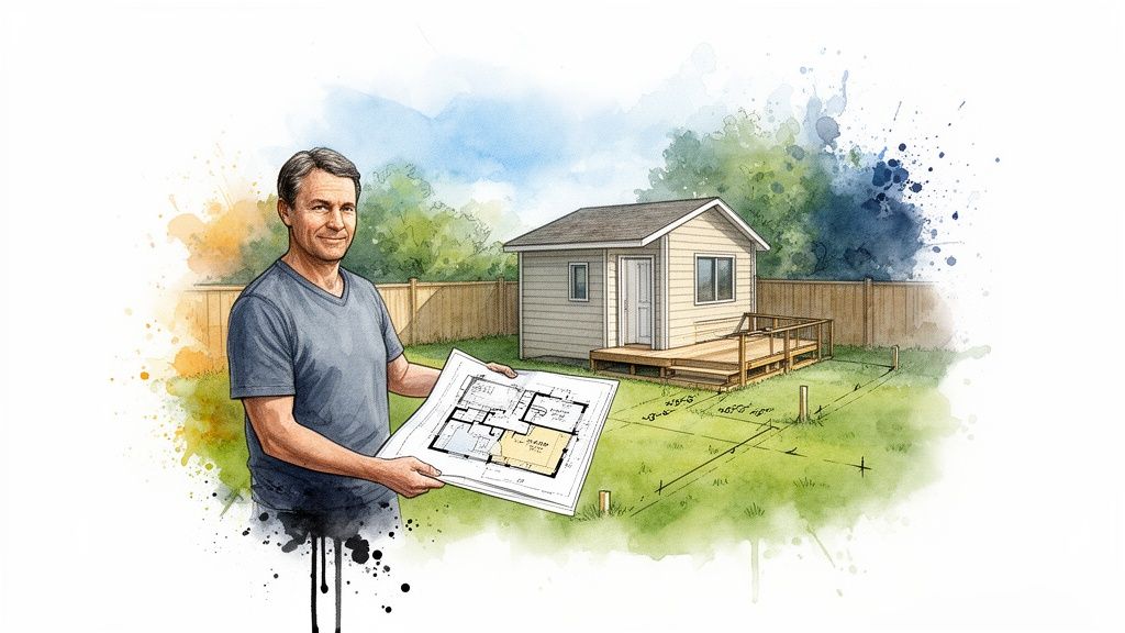 A man in a t-shirt holds blueprints, envisioning a small backyard shed or tiny house project.