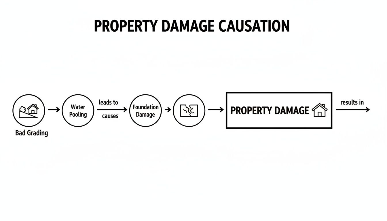 Flowchart illustrating how bad grading leads to water pooling, foundation damage, and ultimately property damage.