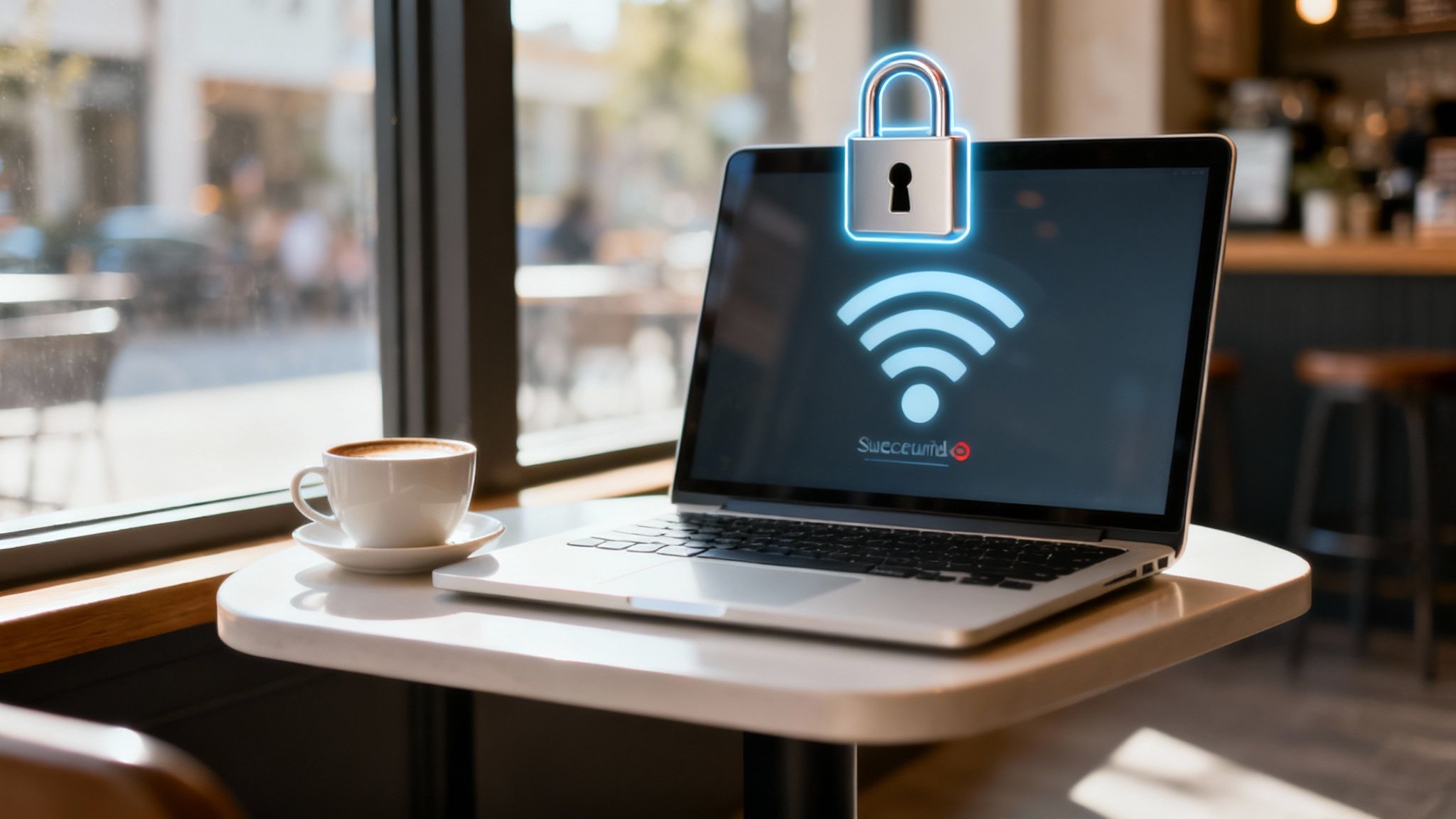 A laptop displays a secure Wi-Fi connection and a padlock in a bright cafe setting.