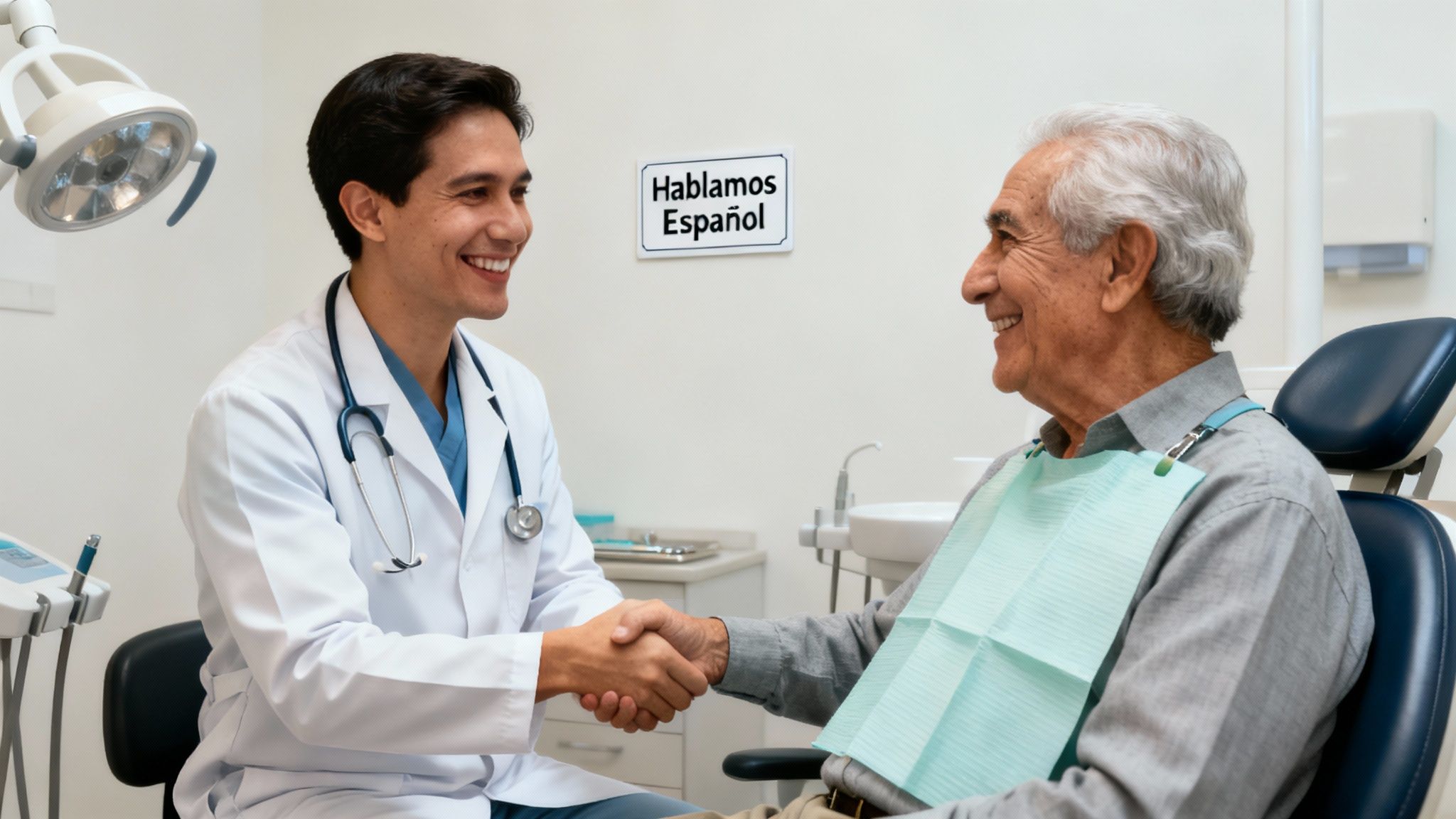 A friendly dental team member warmly greets a Spanish-speaking patient, creating a welcoming and comfortable atmosphere.