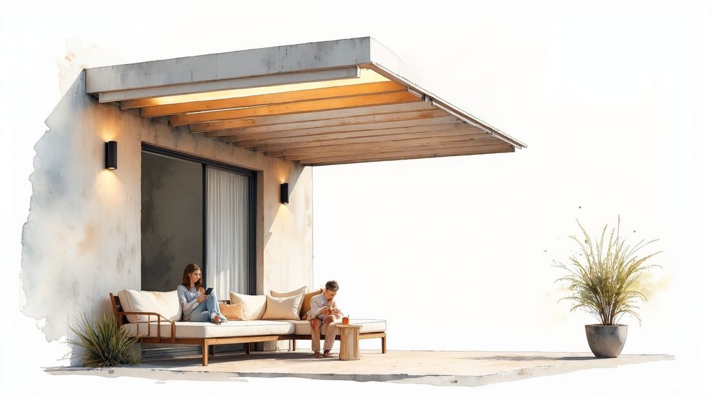 Modern patio with wooden pergola, two people relaxing on an outdoor sofa, and potted plants.