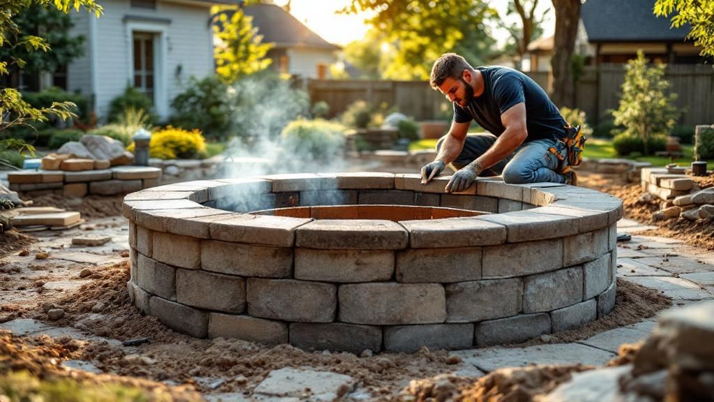 A custom-built stone fire pit integrated into a paver patio, surrounded by comfortable outdoor seating.