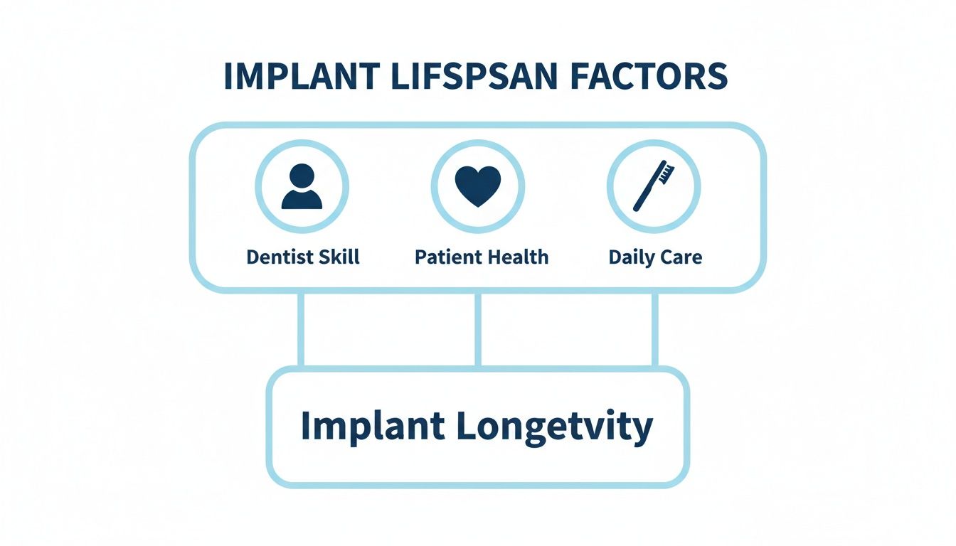 A diagram illustrates three key factors impacting dental implant longevity: dentist skill, patient health, and daily care.