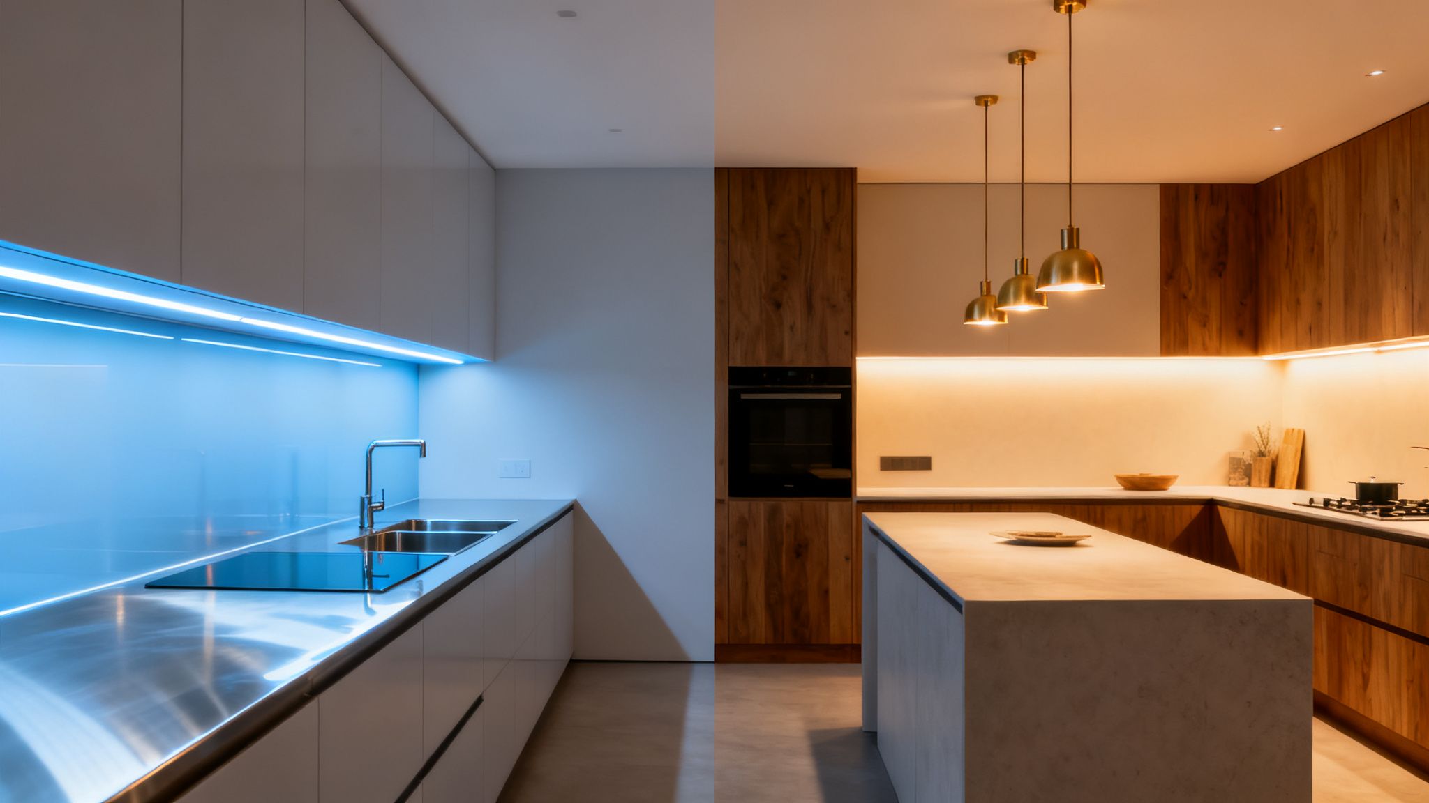 A modern kitchen showcasing contrasting cool blue LED under-cabinet lights and warm golden pendant lighting.