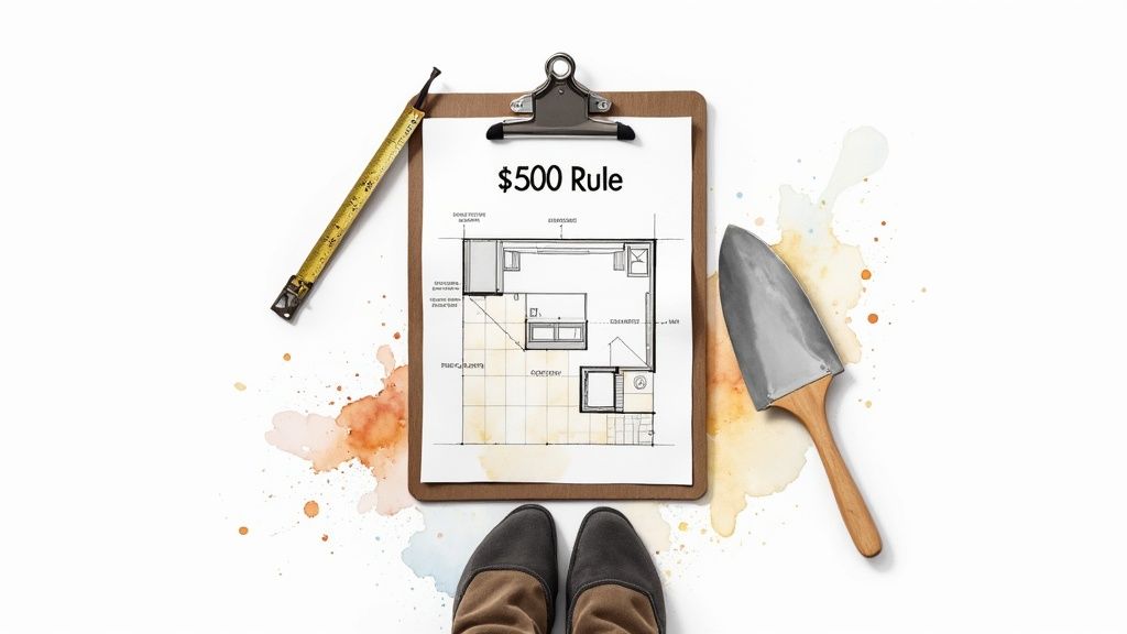 A construction blueprint with '$500 Rule' on a clipboard, surrounded by tools and feet.