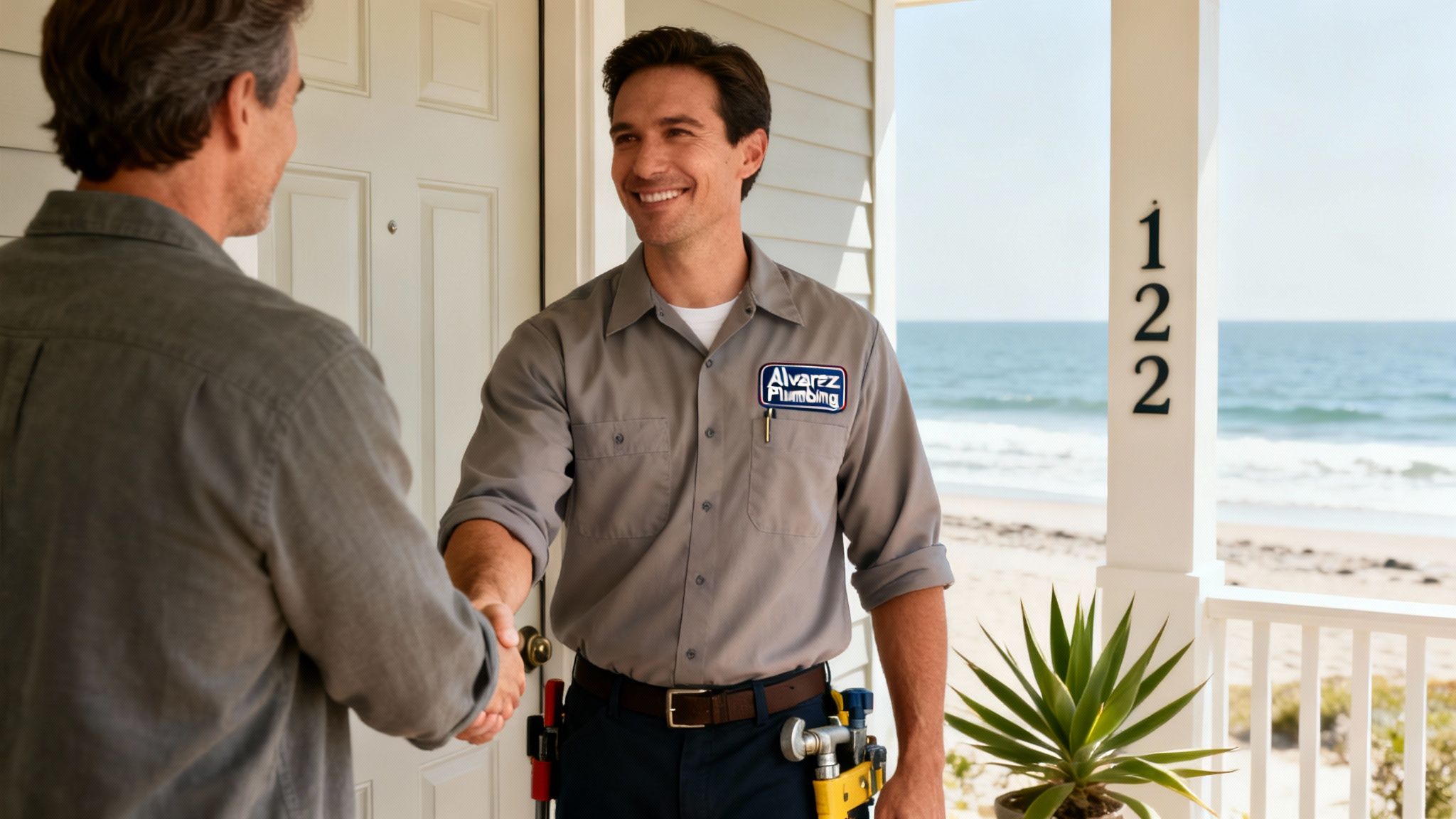 A smiling plumber from Alvarez Plumbing shakes hands with a homeowner at a beachfront house.