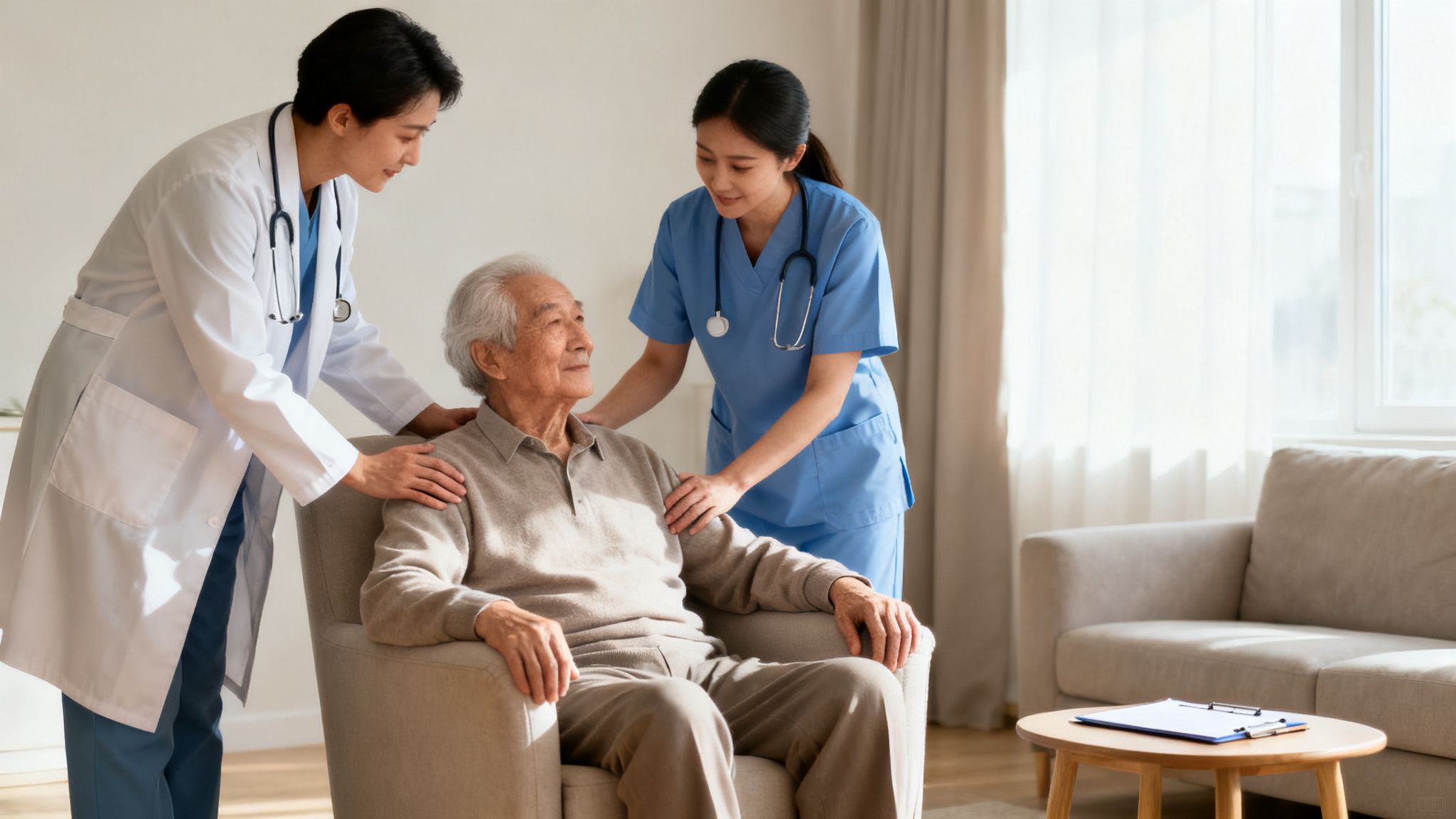Two compassionate female healthcare professionals providing care to an elderly Asian man.
