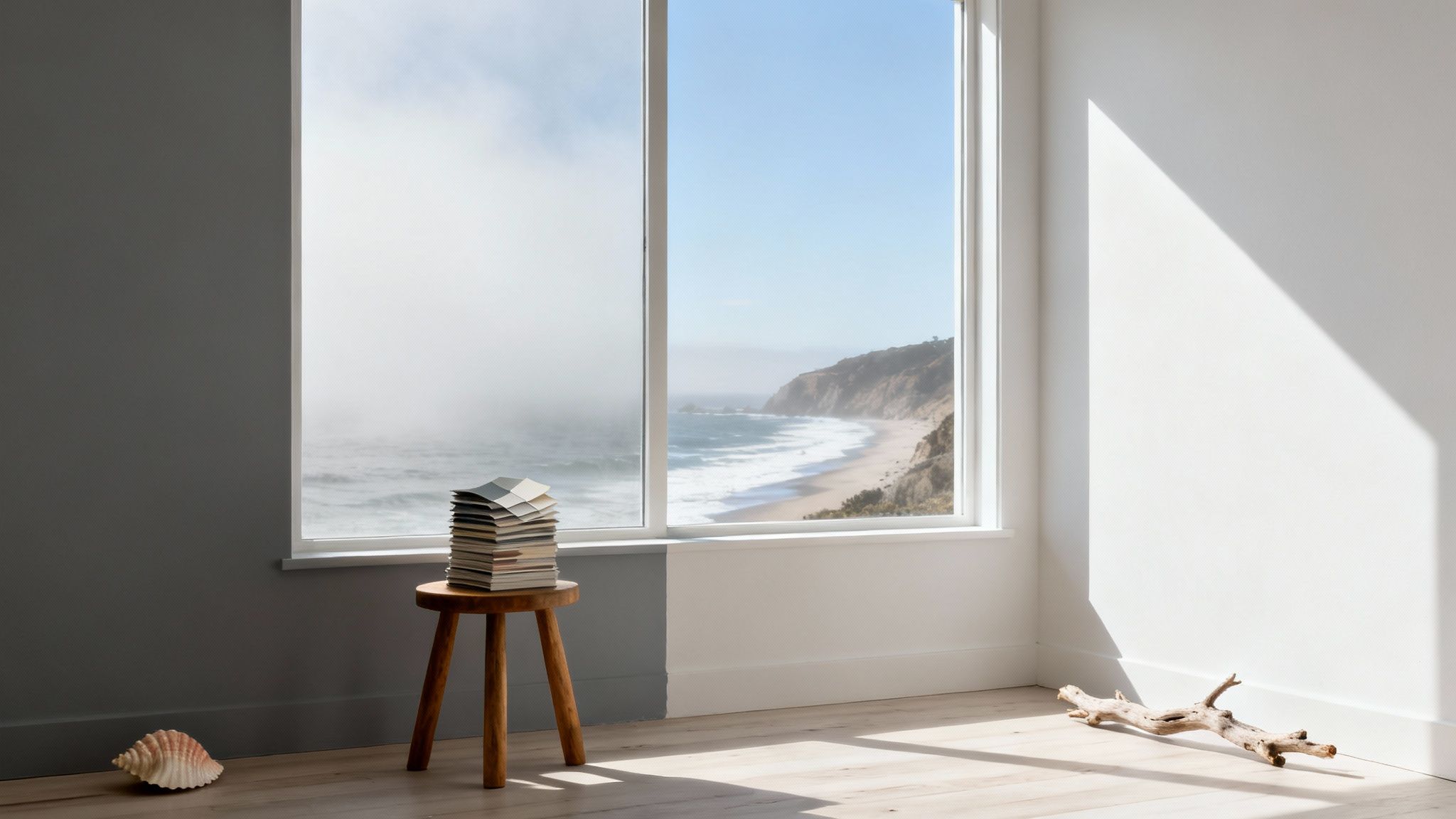 Minimalist coastal room with wooden stool, books, and ocean view through white window frame