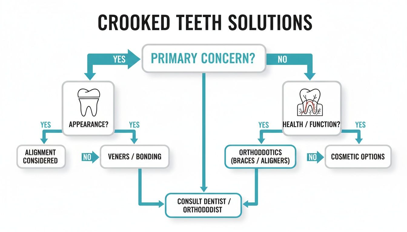 Flowchart detailing crooked teeth solutions, considering appearance, health, function, and consultation.