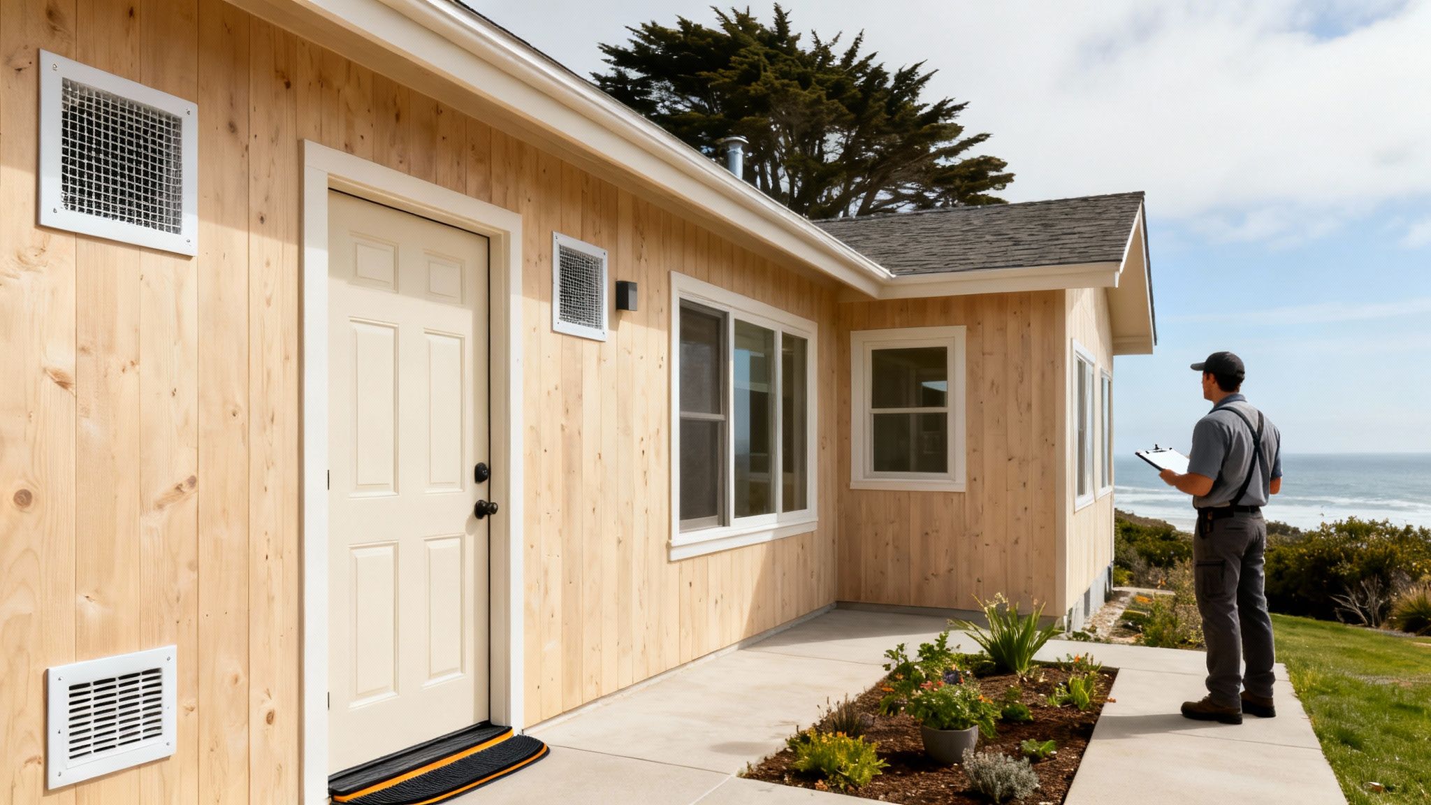 A pest control technician inspecting the exterior of a modern house with wood siding and ocean view.