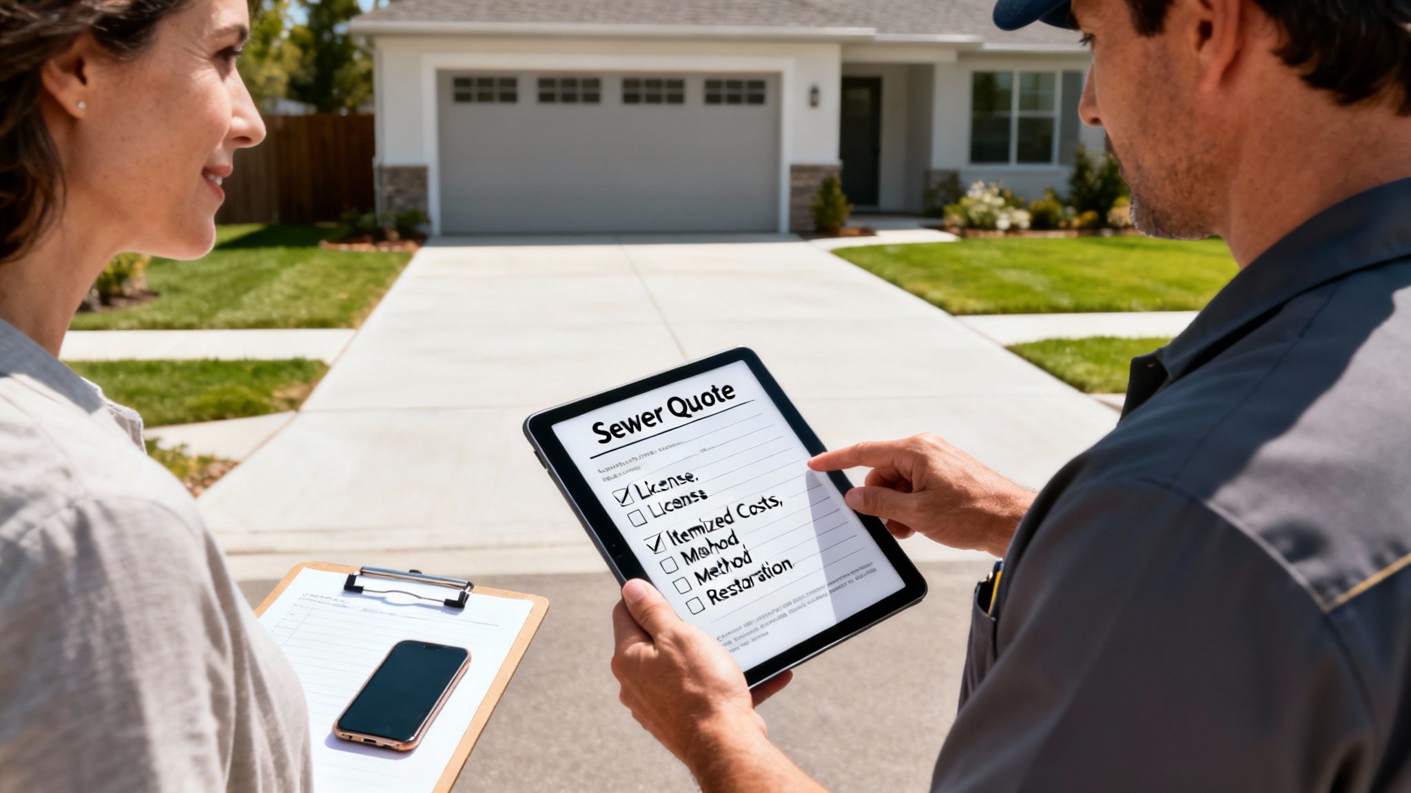 A contractor shows a digital sewer quote on a tablet to a homeowner outside a modern house.