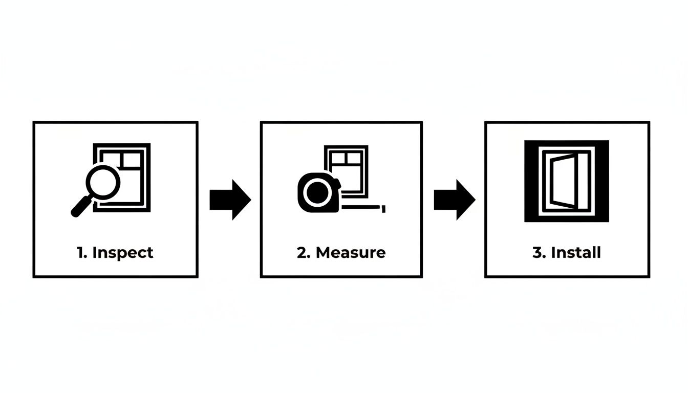 A three-step process diagram showing window inspection, measurement, and installation with clear icons.