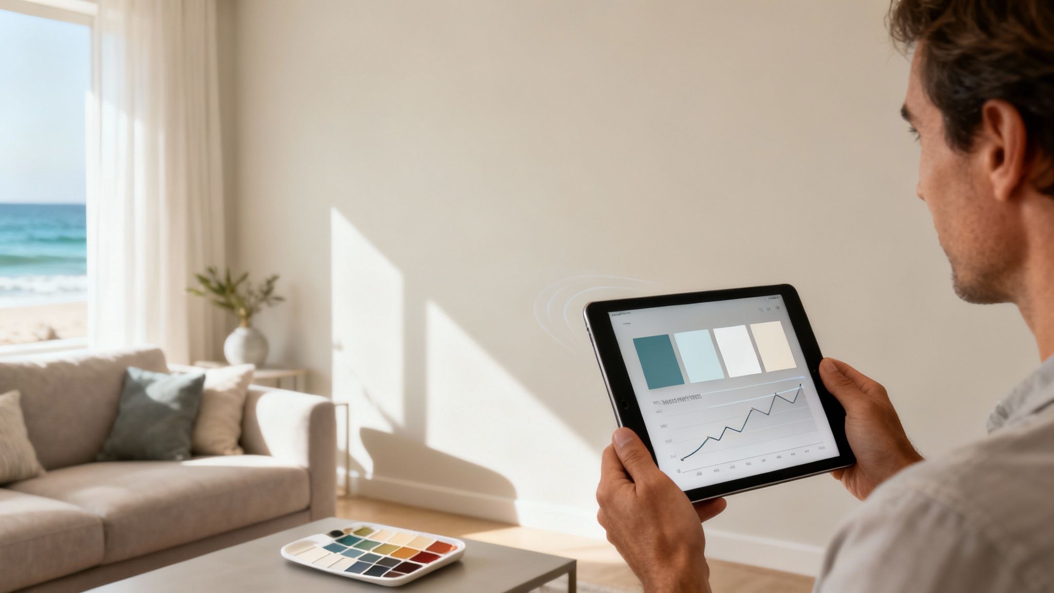 A man uses a tablet to digitally select paint colors for his modern living room overlooking a beach.