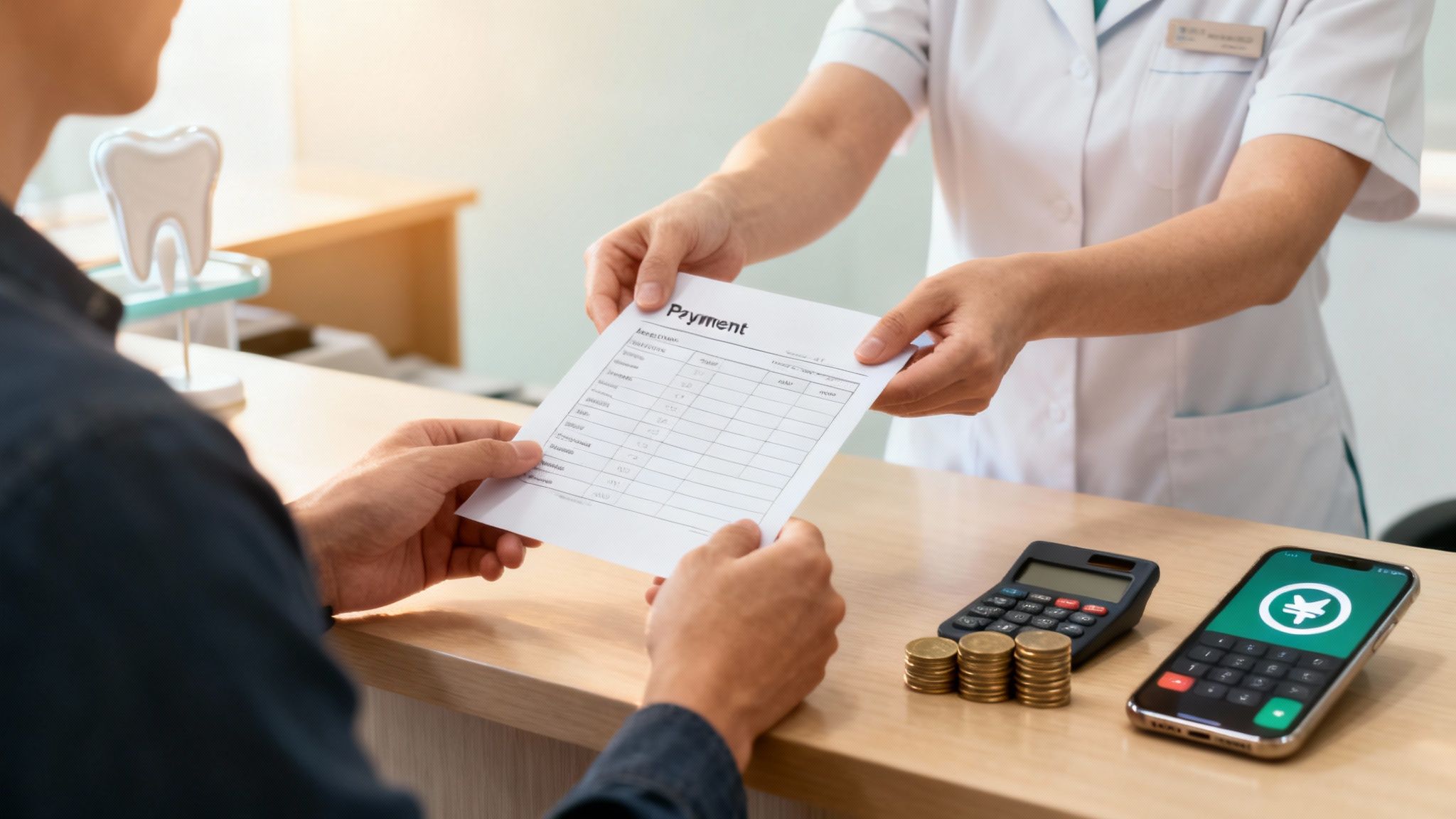 Hands exchange a dental payment bill at a clinic, with coins and a payment app nearby.